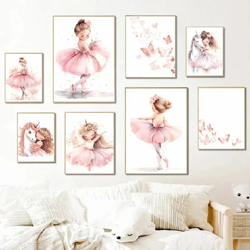 Baby Nursery Decor Girl - Różowy Plakat z Baletniczką, Jednorożcem i
