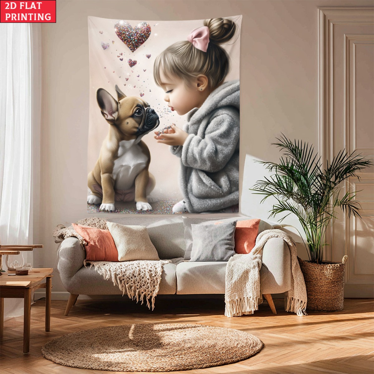 Baby Nursery Decor Girl - Dziewczyna z szczeniakiem buldoga francuskiego, gobelin