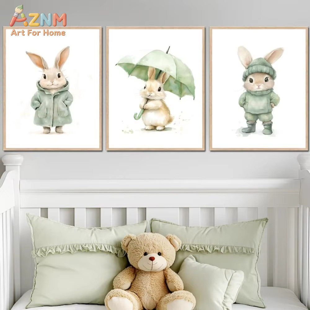 Baby Nursery Outfits - AZNM Akwarelowy Zielony Strój Króliczka Obraz