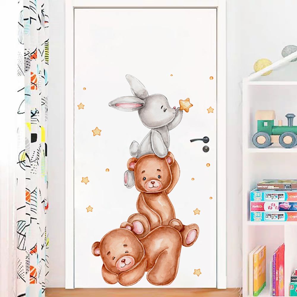 Baby Nursery Wallpaper Girl - Śliczny Królik Niedźwiedź Gwiazda Naklejki ścienne