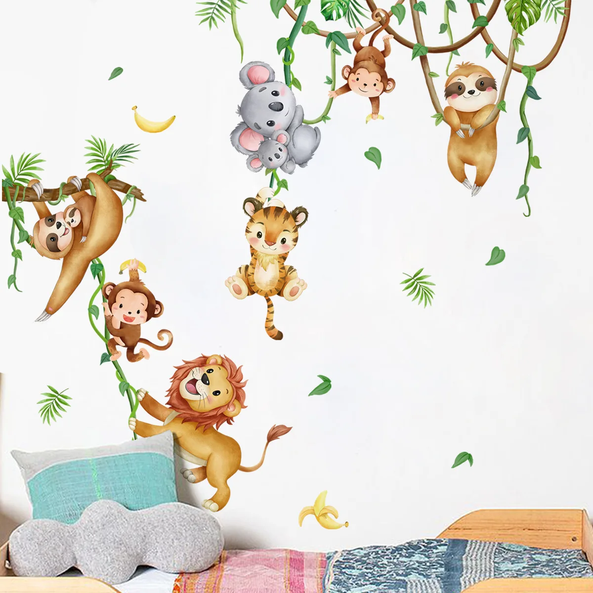 Baby Nursery Wallpaper Girl - Leśne zwierzę Lew Leniwiec Małpa Gałęzie