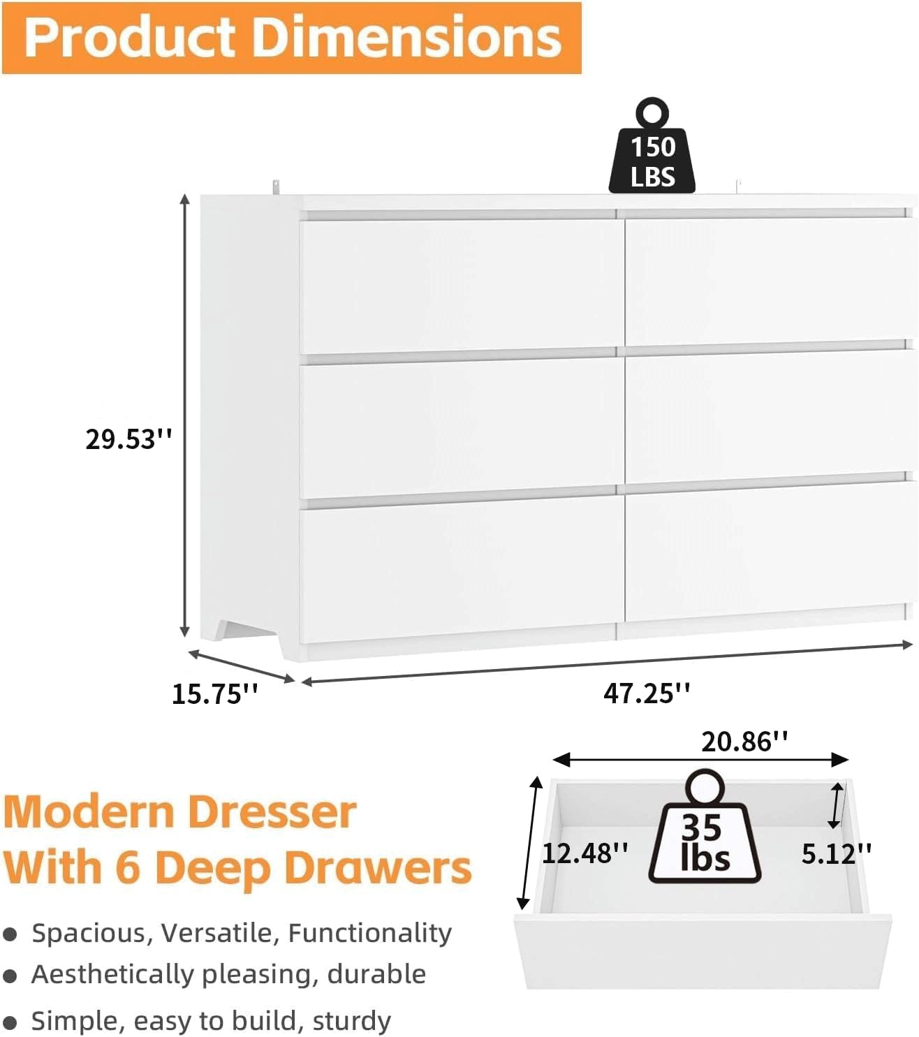 Komoda z białego drewna z 6 sz – Drawer Dresser White recenzja i cena